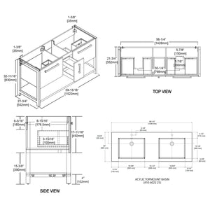 Blossom Riga 60" 3-Drawer Glossy White Freestanding Vanity Set With Acrylic Drop-In Double Sinks