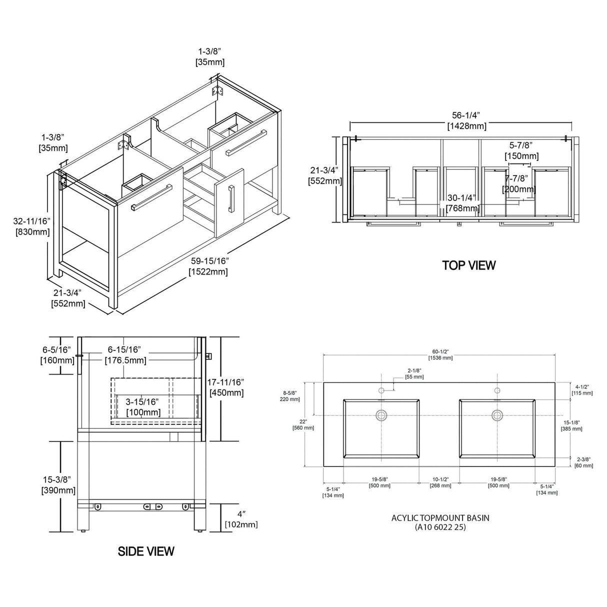 Blossom Riga 60" 3-Drawer Metal Gray Freestanding Vanity Set With Acrylic Drop-In Double Sinks