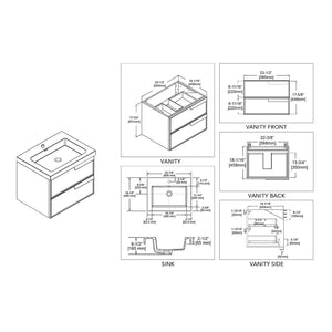Blossom Sofia 24" 2-Drawer White Wall-Mounted Vanity Set With Acrylic Top and Integrated Single Sink