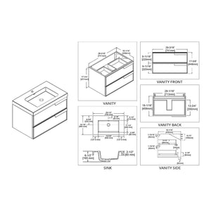 Blossom Sofia 30" 2-Drawer Matte Gray Wall-Mounted Vanity Set With Acrylic Top and Integrated Single Sink