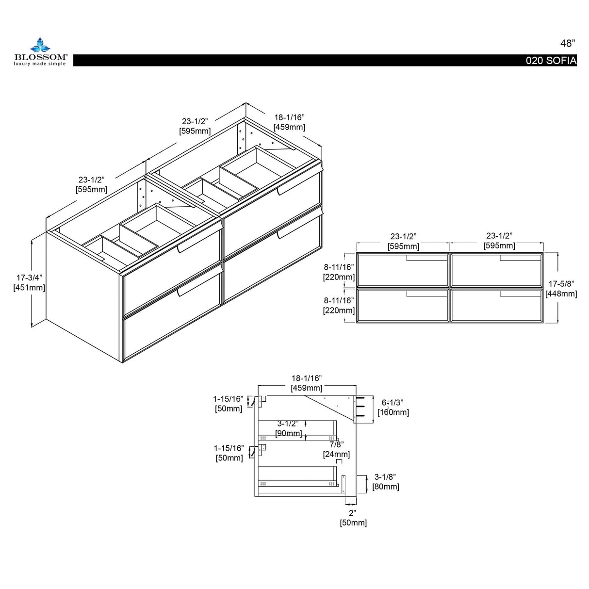 Blossom Sofia 48" 4-Drawer White Wall-Mounted Vanity Base
