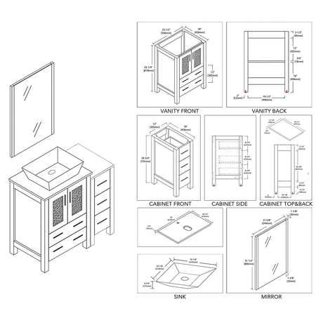 Blossom Sydney 36" Metal Gray Freestanding Vanity Set With Ceramic Vessel Single Sink, Mirror and Side Cabinet