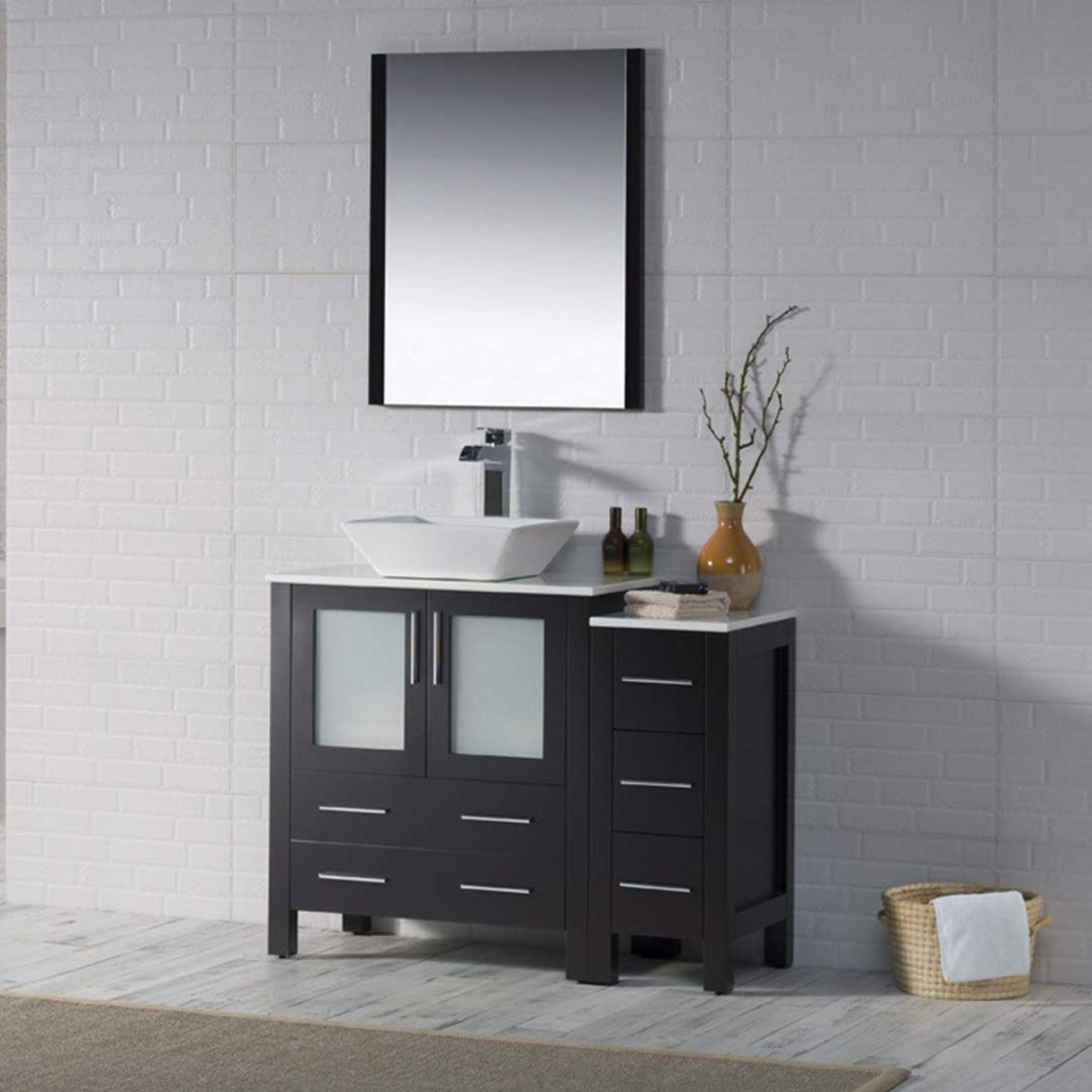 Blossom Sydney 42" Espresso Freestanding Vanity Set With Ceramic Vessel Single Sink, Mirror and Side Cabinet