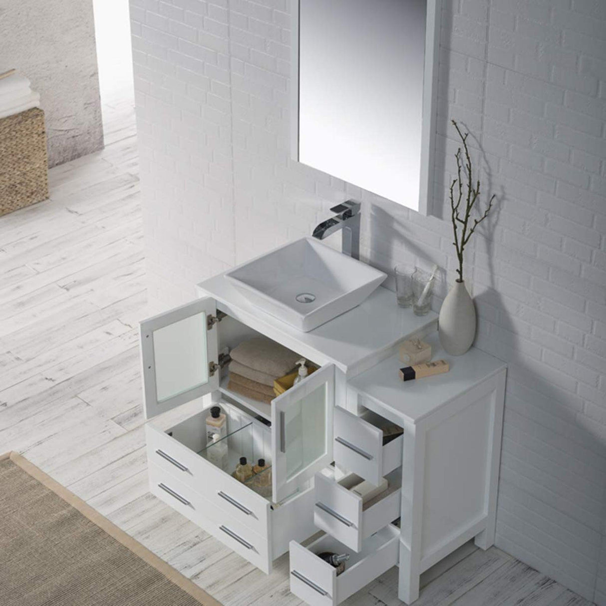 Blossom Sydney 42" White Freestanding Vanity Set With Ceramic Vessel Single Sink, Mirror and Side Cabinet