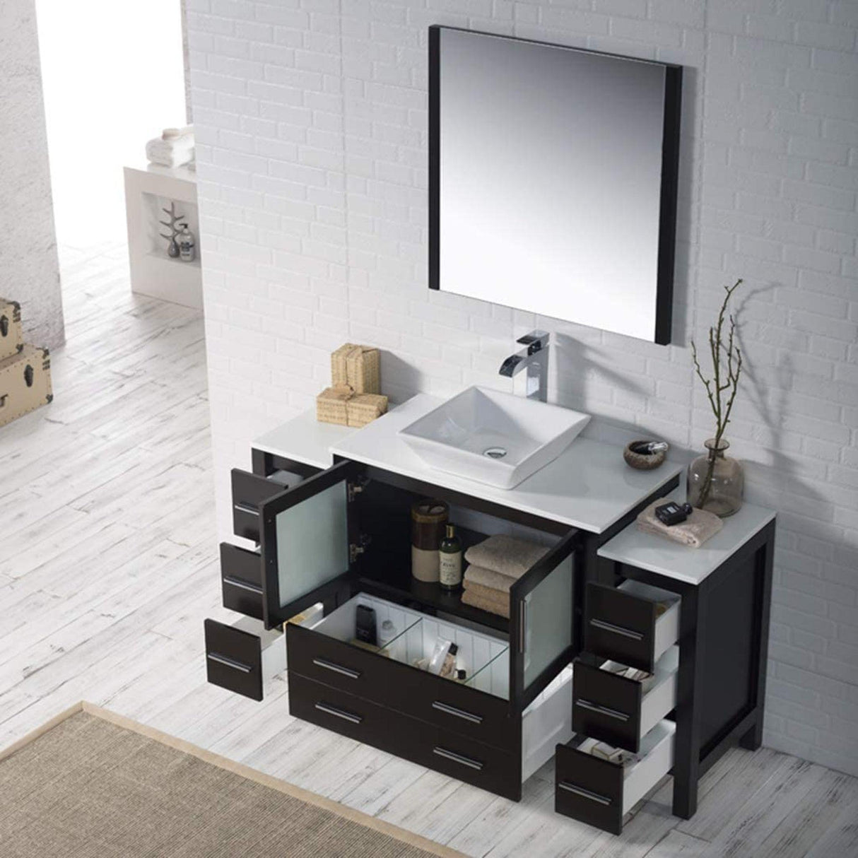 Blossom Sydney 60" Espresso Freestanding Vanity Set With Ceramic Vessel Single Sink and Side Cabinet