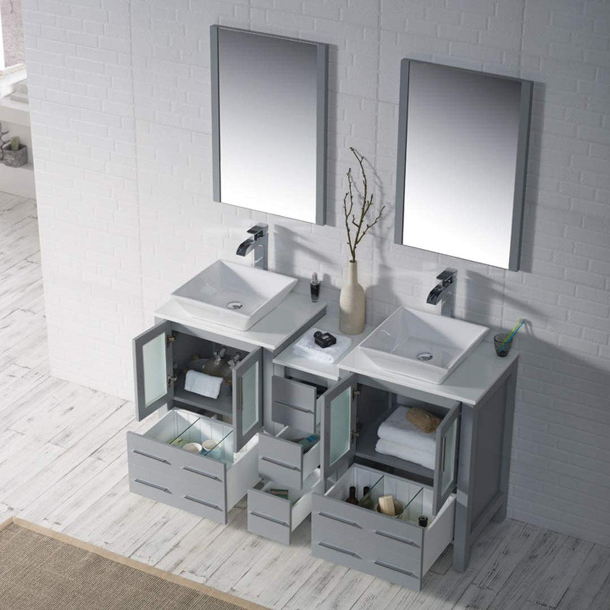 Blossom Sydney 60" Metal Gray Freestanding Vanity Set With Ceramic Vessel Single Sink and Mirror