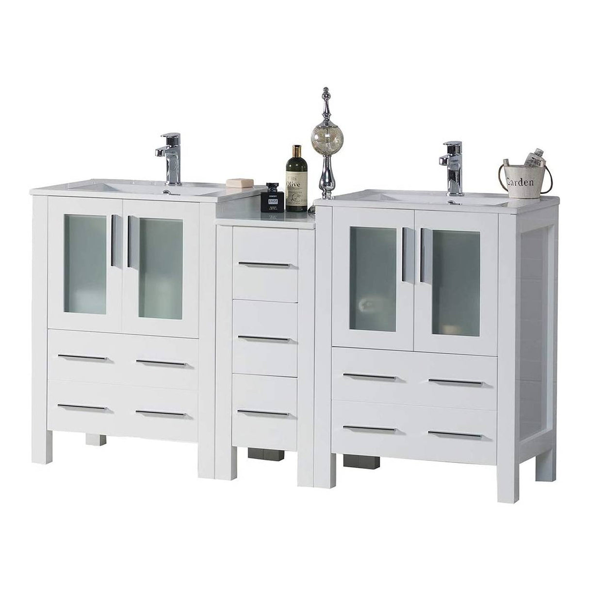 Blossom Sydney 60" White Freestanding Vanity Set With Integrated Double Sink Ceramic Top and Side Cabinet