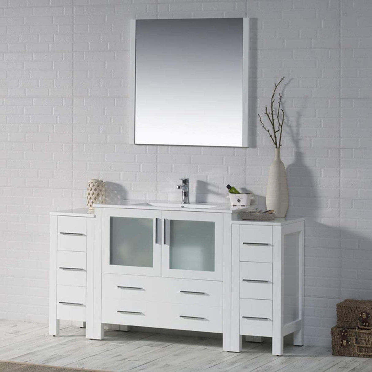 Blossom Sydney 60" White Freestanding Vanity Set With Integrated Double Sink Ceramic Top and Two Side Cabinet