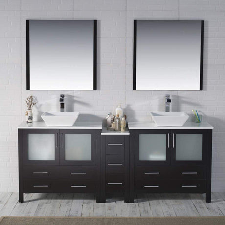 Blossom Sydney 84" Espresso Freestanding Vanity Set With Ceramic Double Vessel Sinks and Mirror