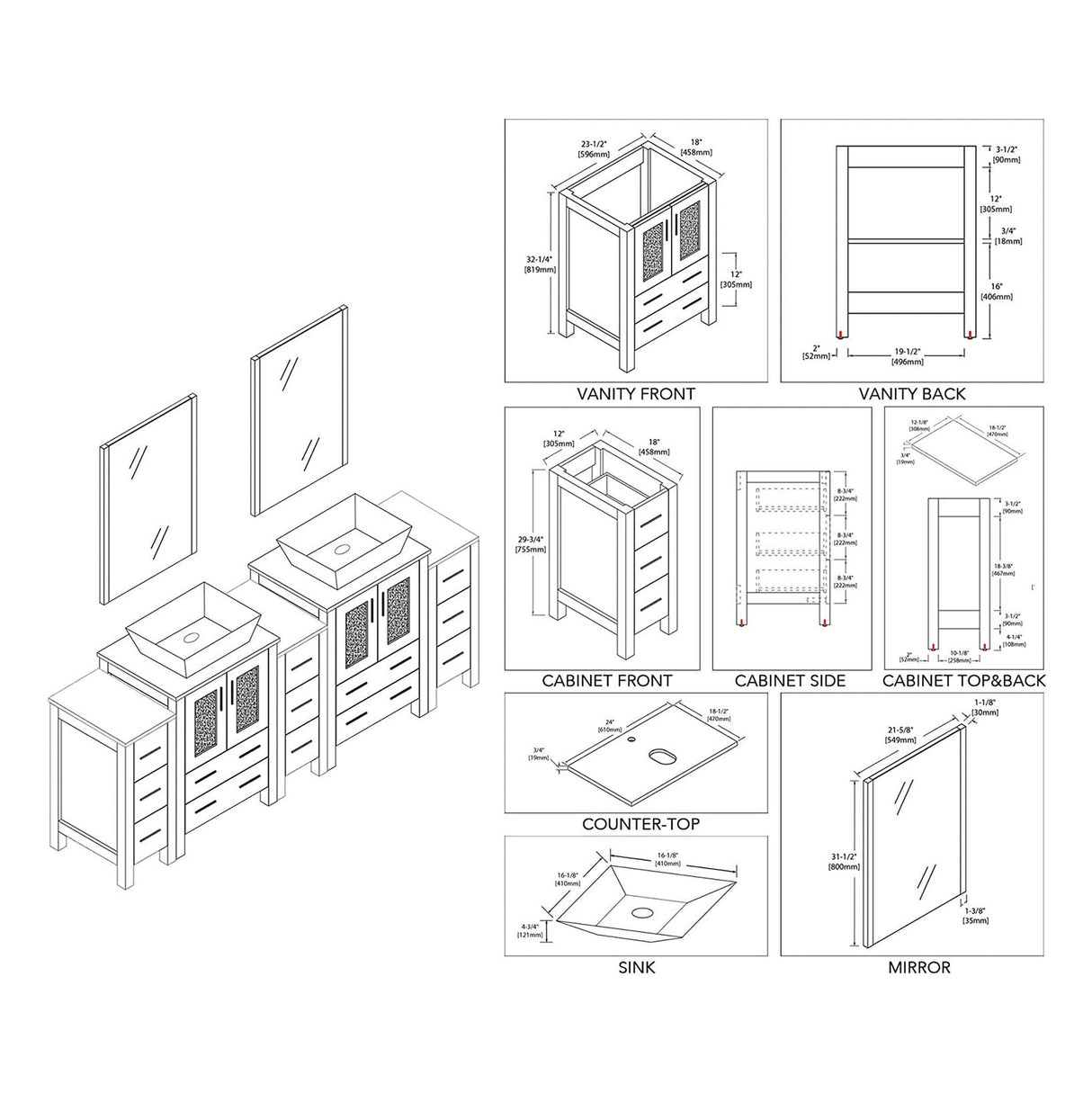 Blossom Sydney 84" Espresso Freestanding Vanity With Ceramic Double Vessel Sinks, Mirror and Three Side Cabinet