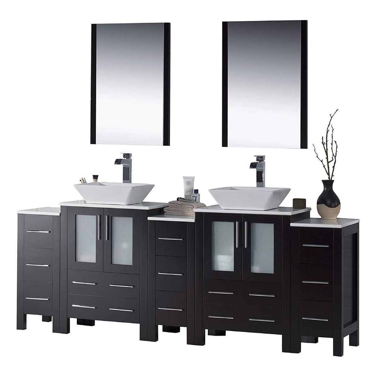 Blossom Sydney 84" Espresso Freestanding Vanity With Ceramic Double Vessel Sinks, Mirror and Three Side Cabinet