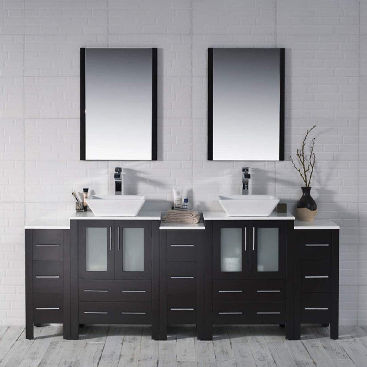 Blossom Sydney 84" Espresso Freestanding Vanity With Ceramic Double Vessel Sinks and Three Side Cabinet