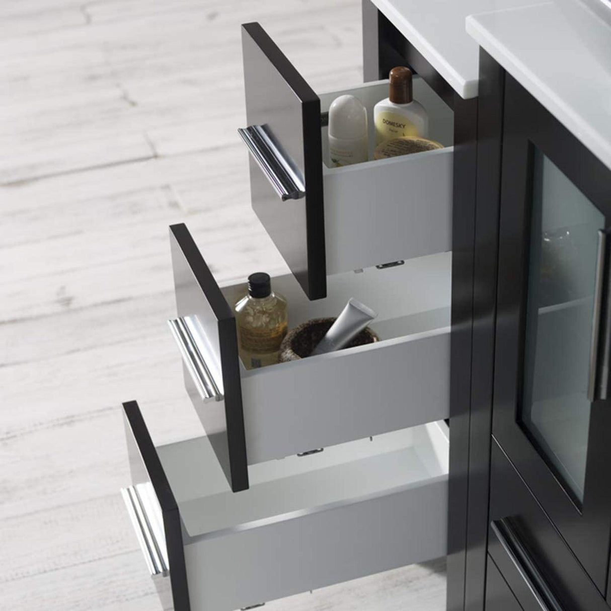 Blossom Sydney 84" Espresso Freestanding Vanity With Ceramic Double Vessel Sinks and Three Side Cabinet