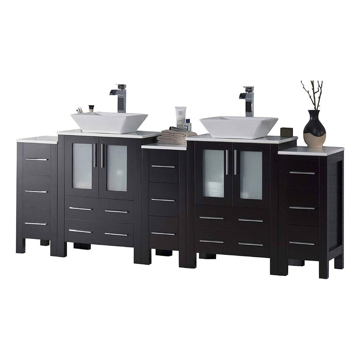 Blossom Sydney 84" Espresso Freestanding Vanity With Ceramic Double Vessel Sinks and Three Side Cabinet