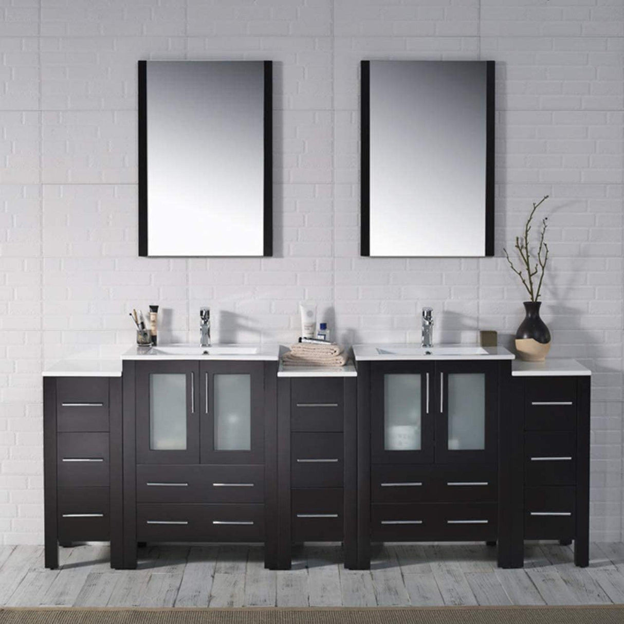 Blossom Sydney 84" Espresso Freestanding Vanity With Ceramic Top, Integrated Double Sinks, Mirror and Three Side Cabinet
