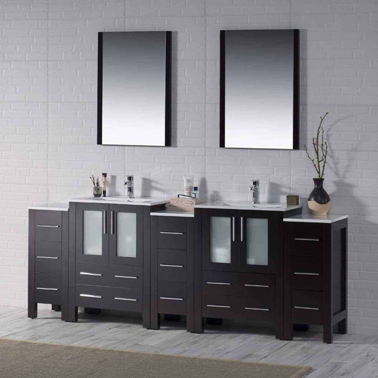 Blossom Sydney 84" Espresso Freestanding Vanity With Ceramic Top, Integrated Double Sinks, Mirror and Three Side Cabinet