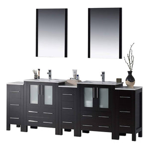 Blossom Sydney 84" Espresso Freestanding Vanity With Ceramic Top, Integrated Double Sinks, Mirror and Three Side Cabinet
