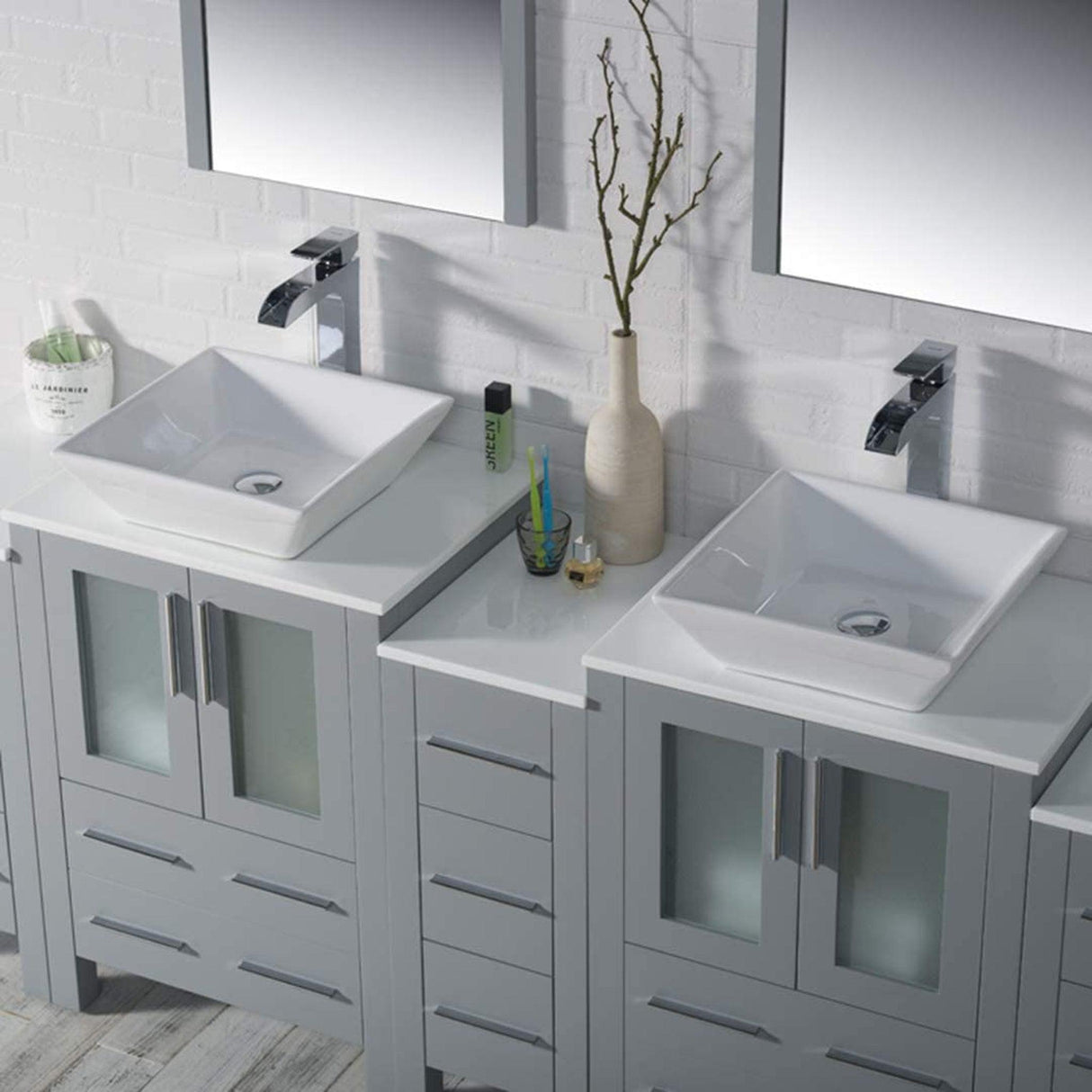 Blossom Sydney 84" Metal Gray Freestanding Vanity With Ceramic Double Vessel Sinks, Mirror and Three Side Cabinet