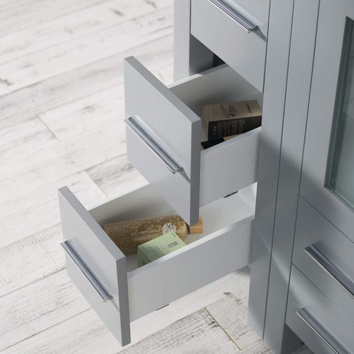 Blossom Sydney 84" Metal Gray Freestanding Vanity With Ceramic Double Vessel Sinks, Mirror and Three Side Cabinet