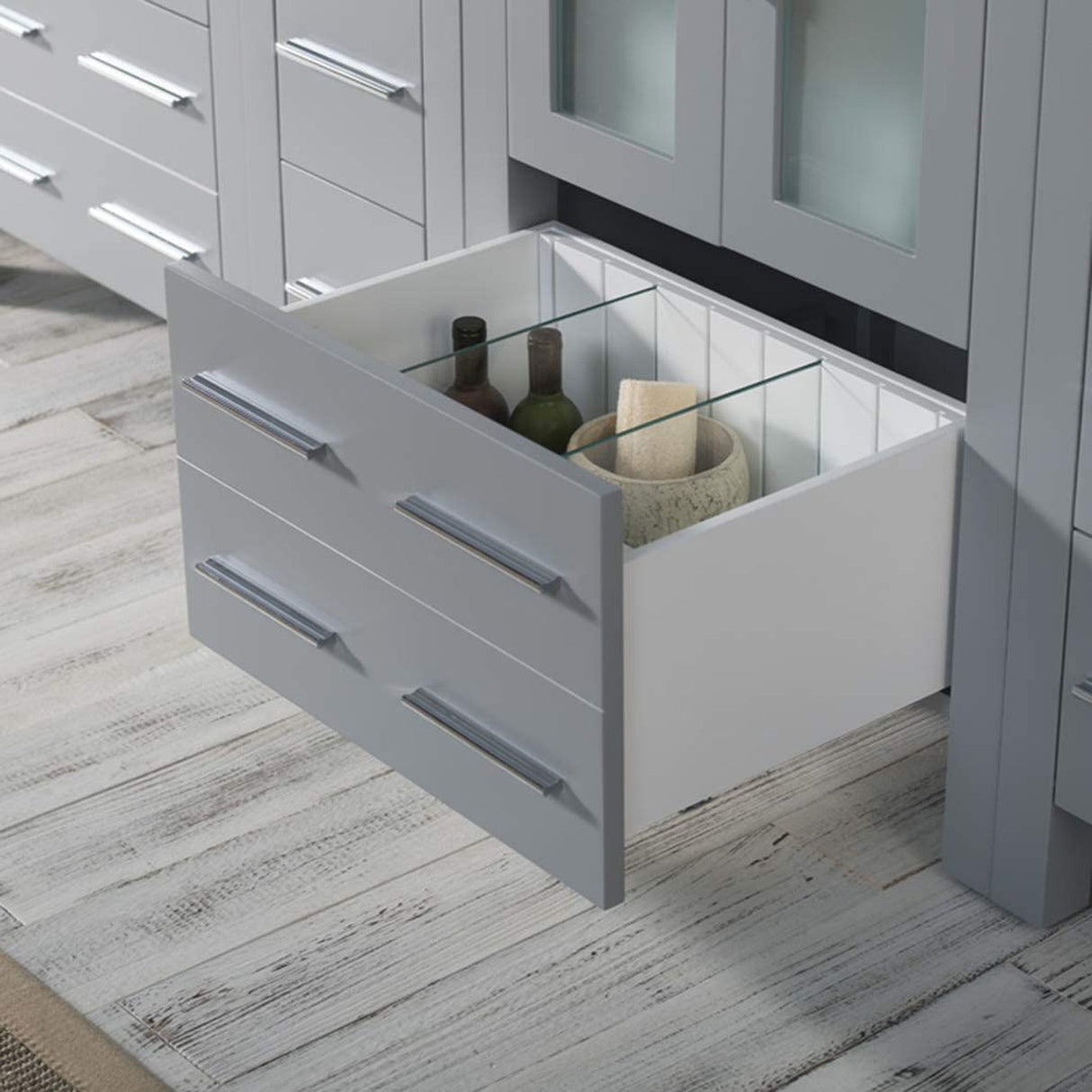 Blossom Sydney 84" Metal Gray Freestanding Vanity With Ceramic Double Vessel Sinks, Mirror and Three Side Cabinet