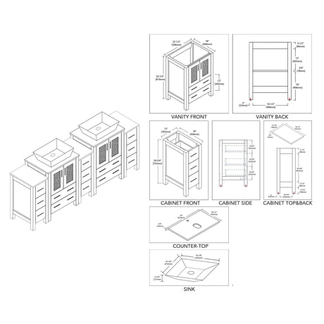 Blossom Sydney 84" Metal Gray Freestanding Vanity With Ceramic Double Vessel Sinks and Three Side Cabinet