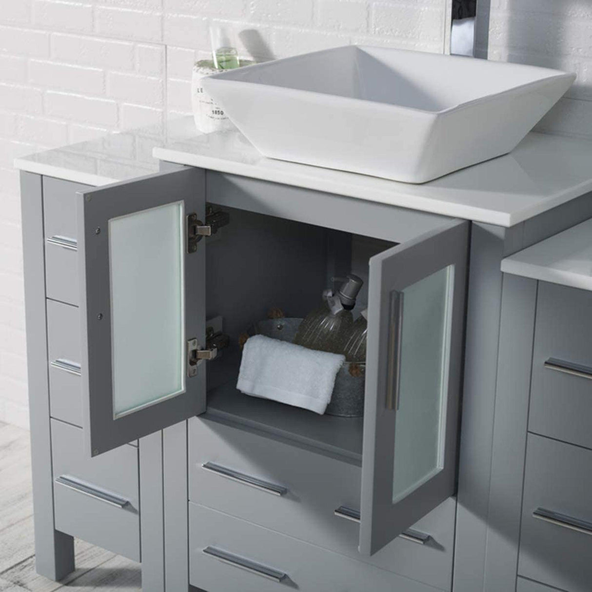 Blossom Sydney 84" Metal Gray Freestanding Vanity With Ceramic Double Vessel Sinks and Three Side Cabinet