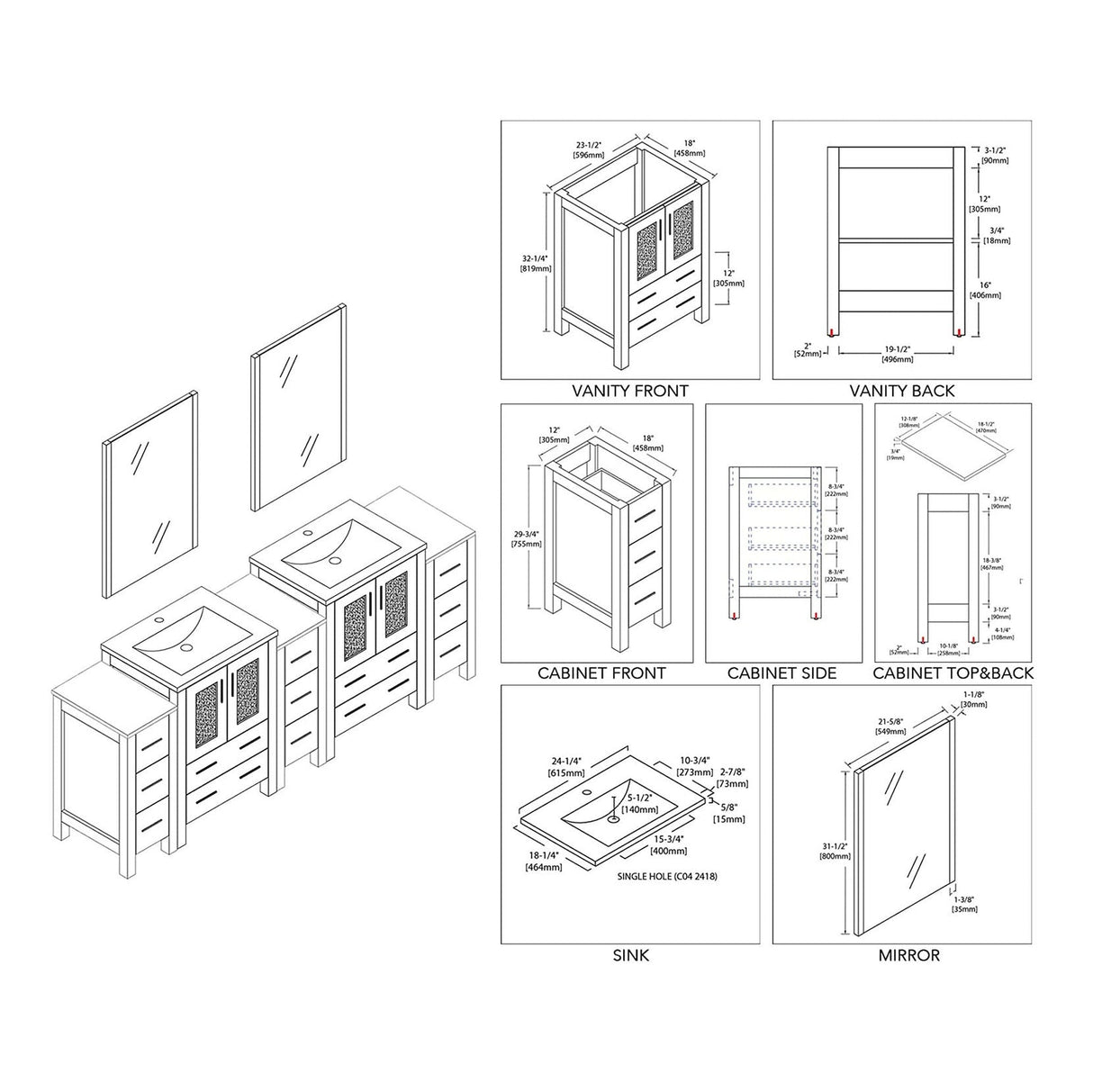 Blossom Sydney 84" Metal Gray Freestanding Vanity With Ceramic Top, Integrated Double Sinks, Mirror and Three Side Cabinet