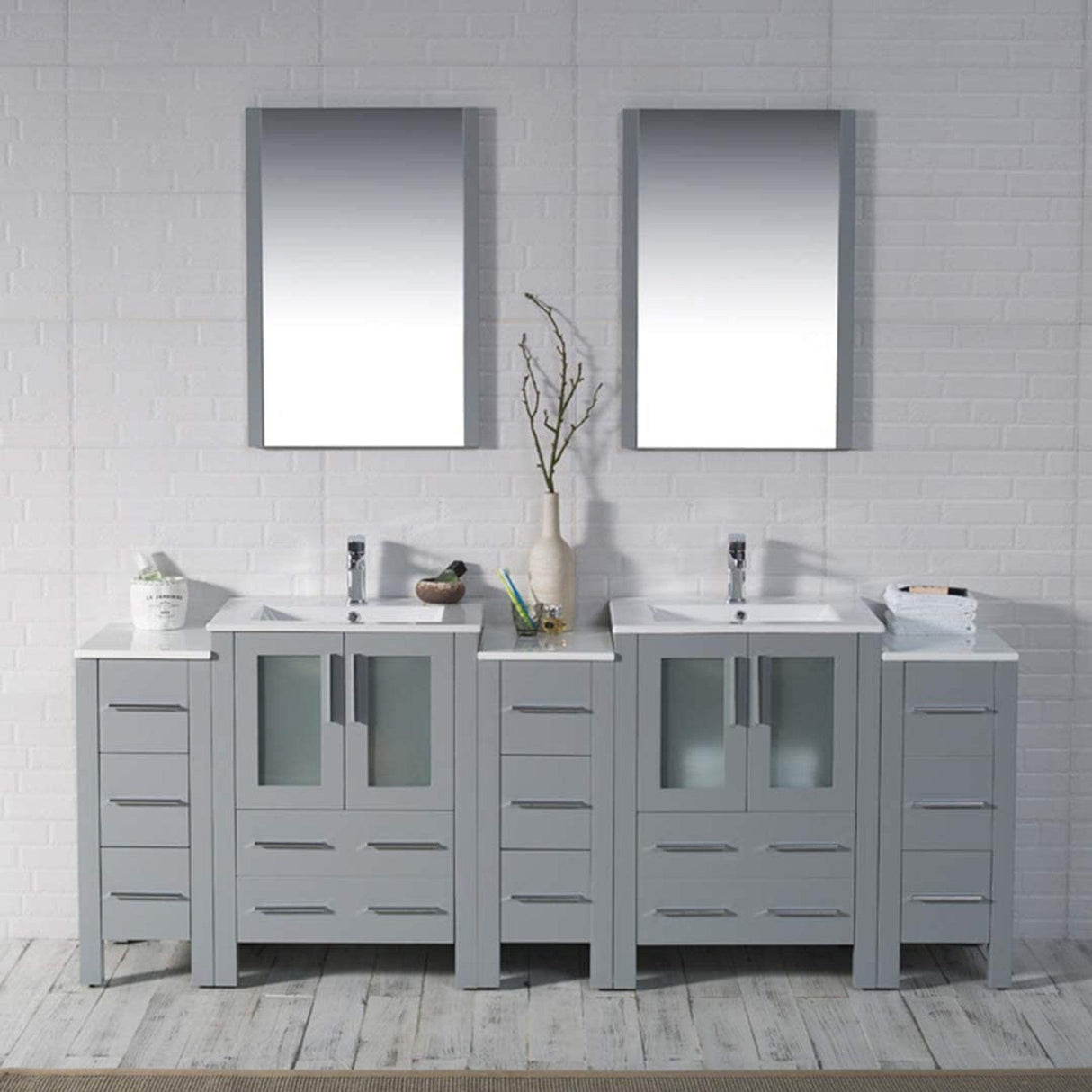 Blossom Sydney 84" Metal Gray Freestanding Vanity With Ceramic Top, Integrated Double Sinks, Mirror and Three Side Cabinet