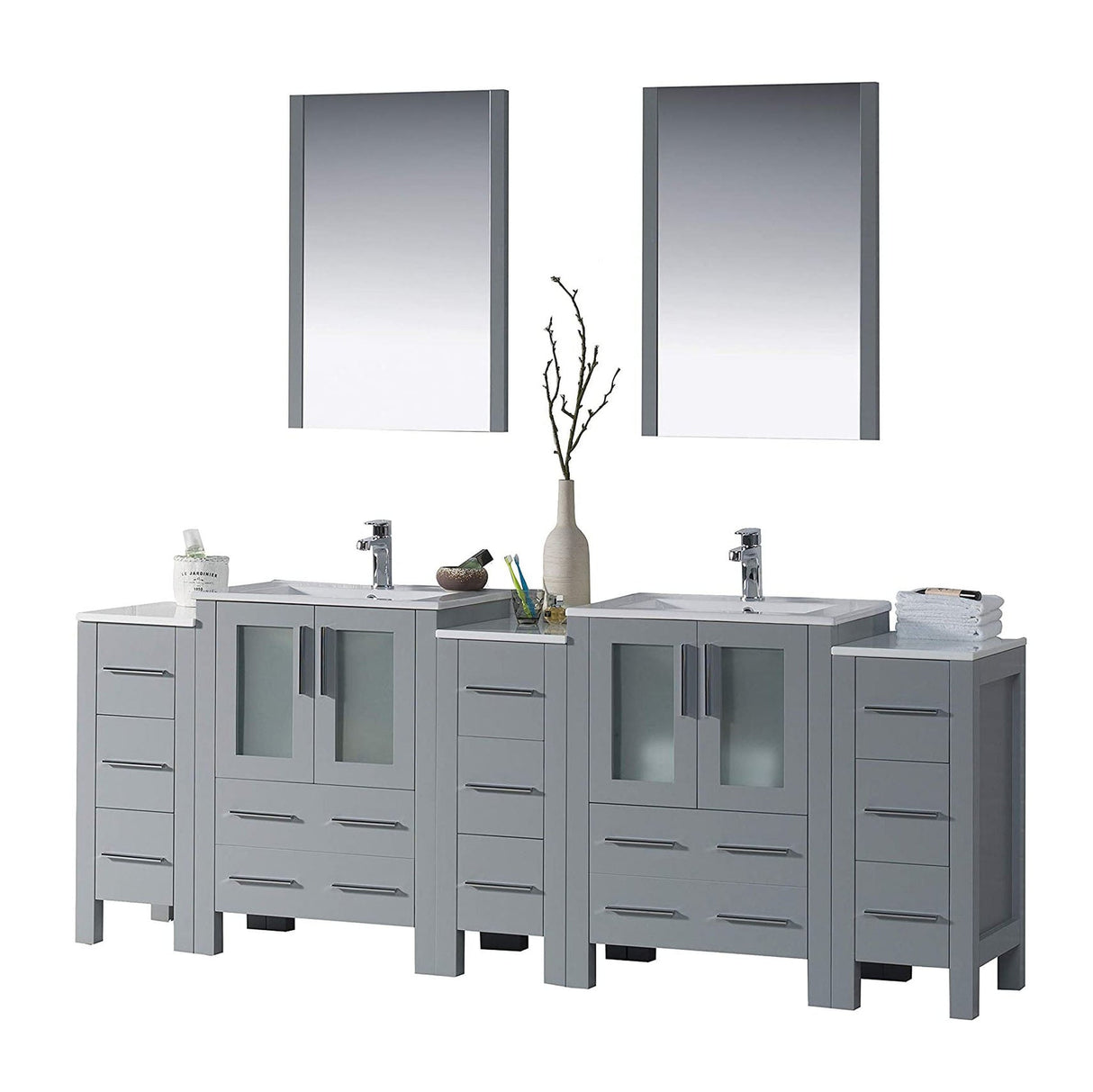 Blossom Sydney 84" Metal Gray Freestanding Vanity With Ceramic Top, Integrated Double Sinks, Mirror and Three Side Cabinet