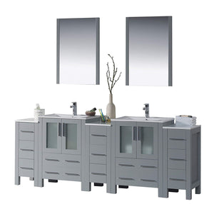 Blossom Sydney 84" Metal Gray Freestanding Vanity With Ceramic Top, Integrated Double Sinks, Mirror and Three Side Cabinet