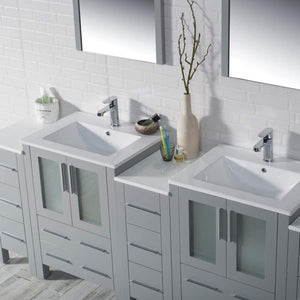 Blossom Sydney 84" Metal Gray Freestanding Vanity With Integrated Double Sinks Ceramic Top and Three Side Cabinet