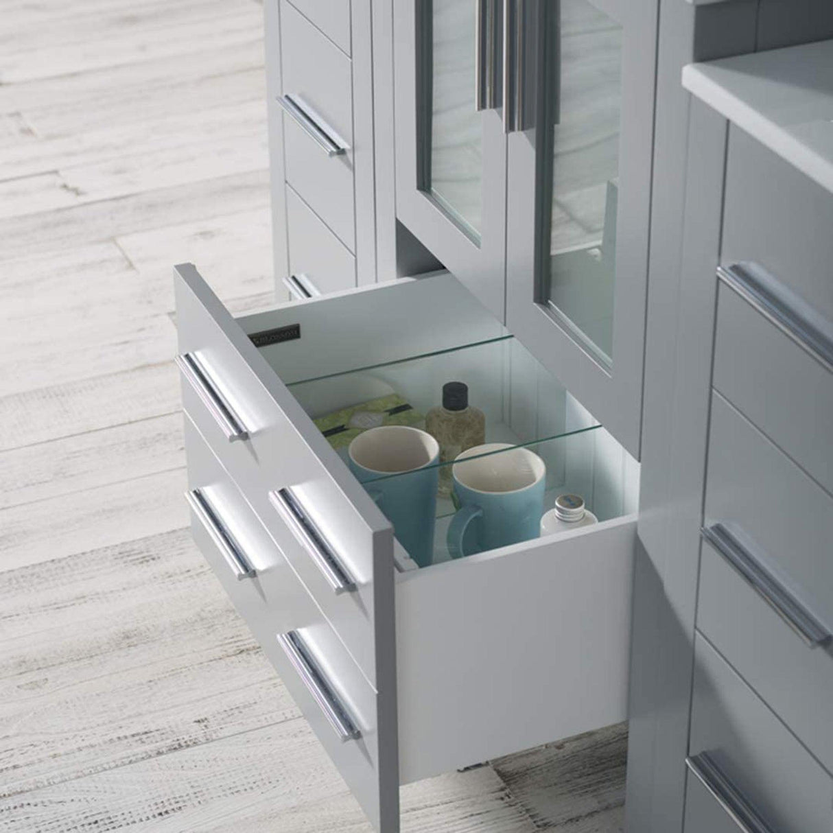 Blossom Sydney 84" Metal Gray Freestanding Vanity With Integrated Double Sinks Ceramic Top and Three Side Cabinet