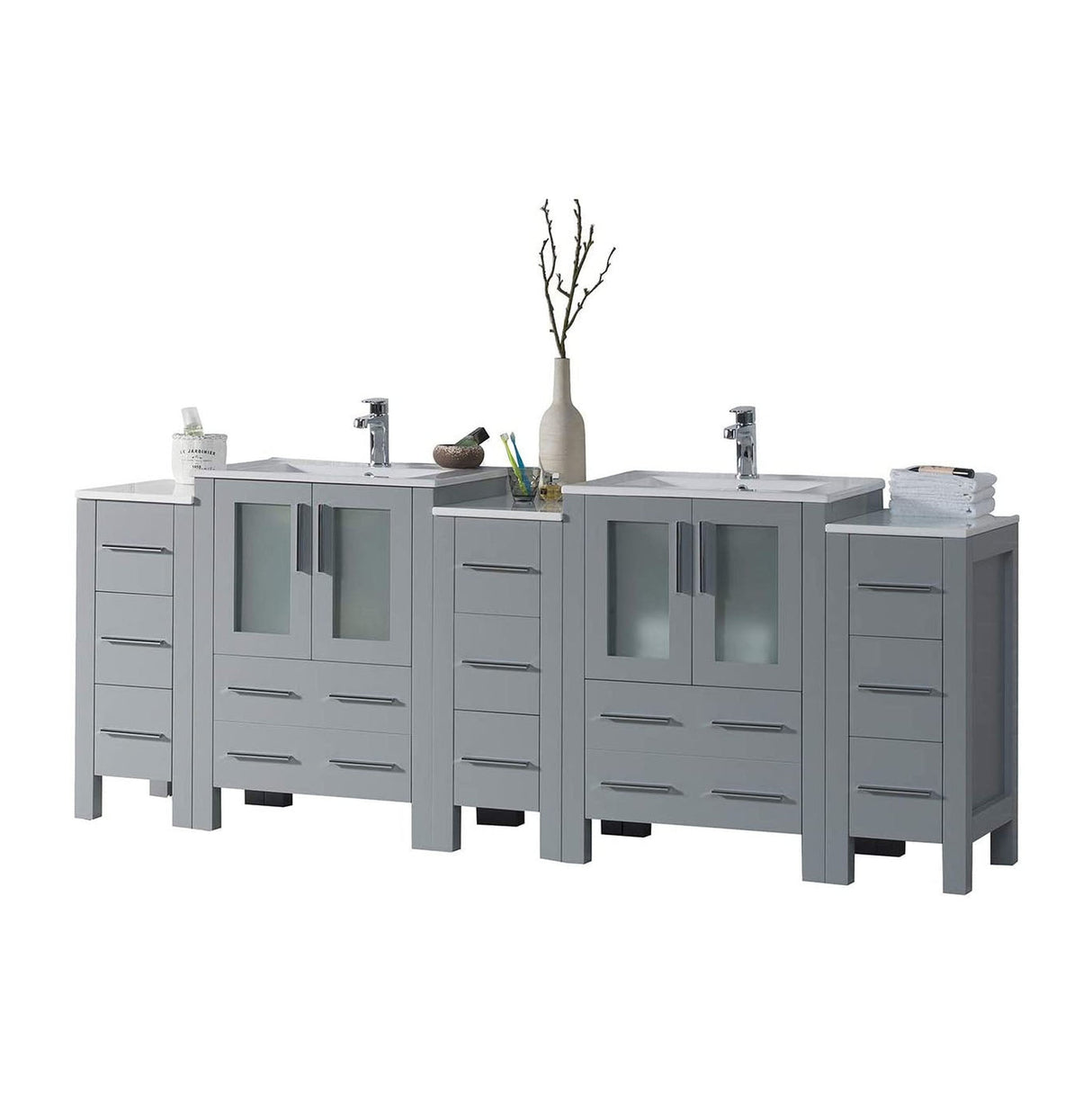 Blossom Sydney 84" Metal Gray Freestanding Vanity With Integrated Double Sinks Ceramic Top and Three Side Cabinet