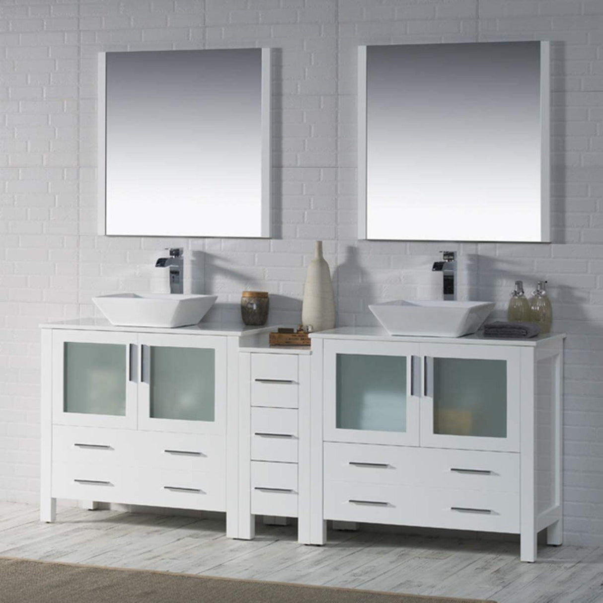 Blossom Sydney 84" White Freestanding Vanity Set With Ceramic Double Vessel Sinks and Mirror