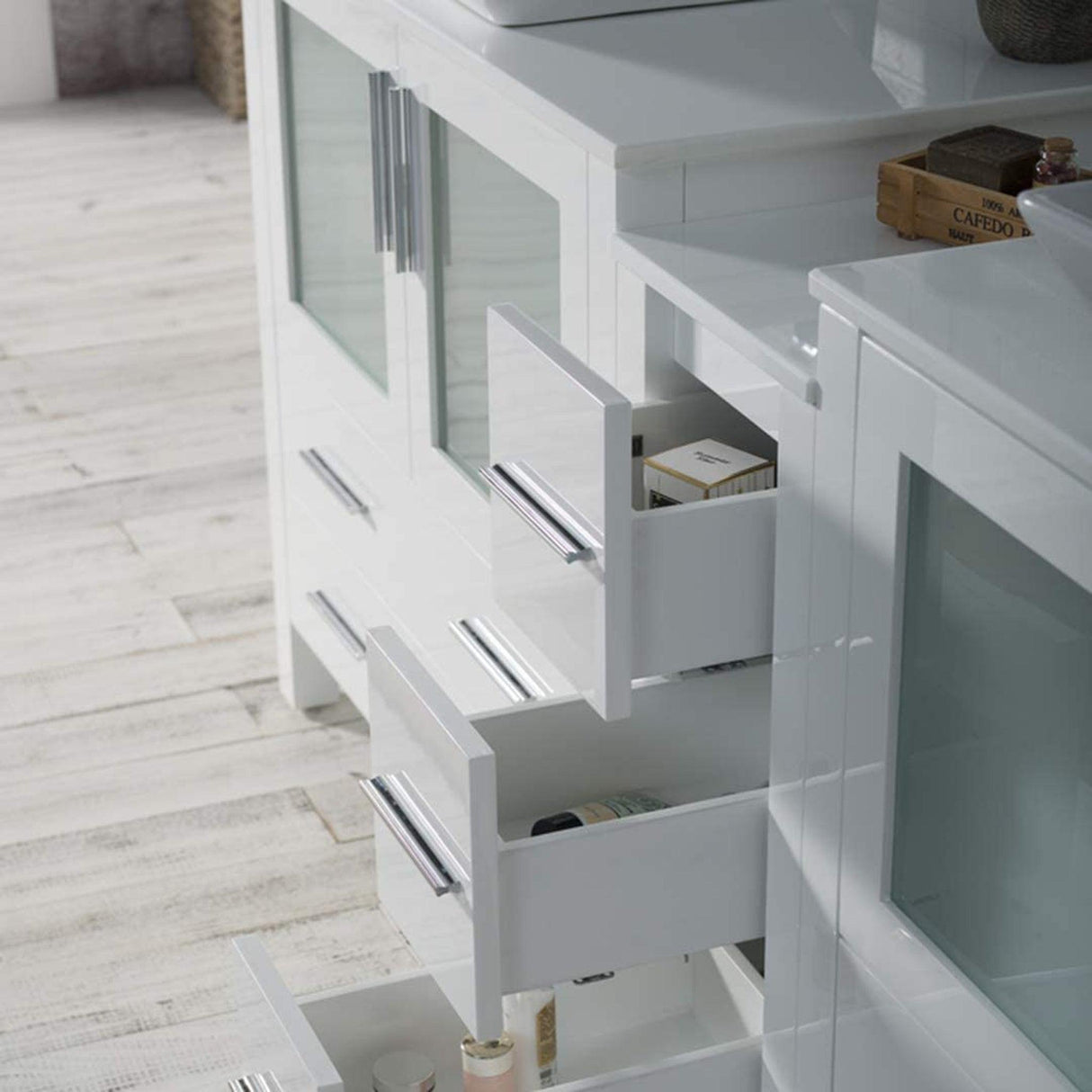 Blossom Sydney 84" White Freestanding Vanity Set With Ceramic Double Vessel Sinks and Mirror