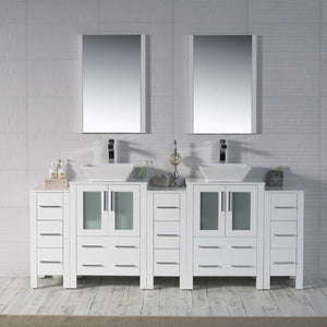 Blossom Sydney 84" White Freestanding Vanity With Ceramic Double Vessel Sinks, Mirror and Three Side Cabinet