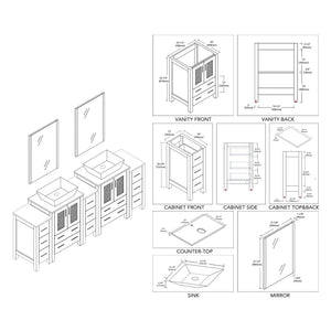 Blossom Sydney 84" White Freestanding Vanity With Ceramic Double Vessel Sinks, Mirror and Three Side Cabinet