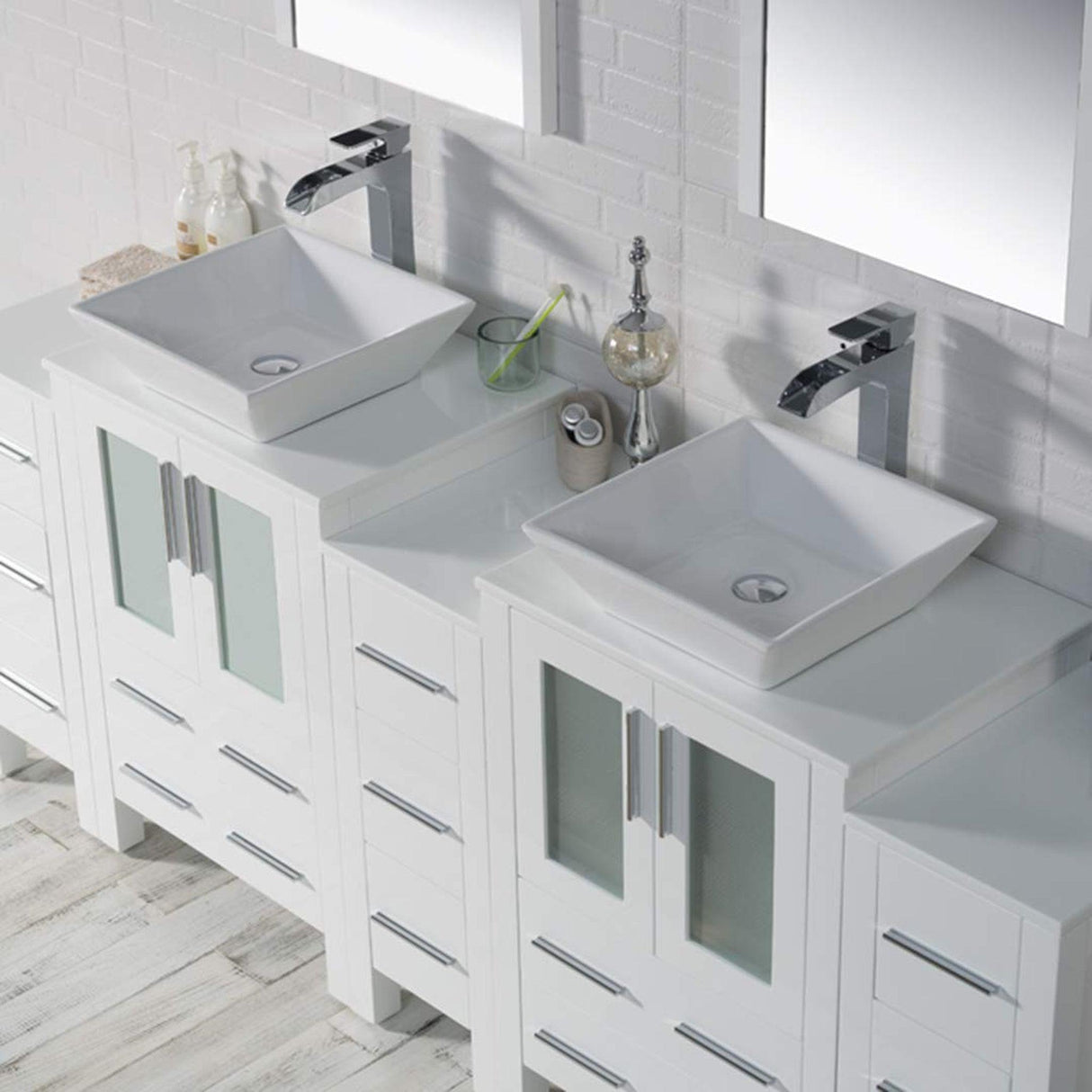 Blossom Sydney 84" White Freestanding Vanity With Ceramic Double Vessel Sinks, Mirror and Three Side Cabinet