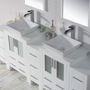 Blossom Sydney 84" White Freestanding Vanity With Ceramic Double Vessel Sinks, Mirror and Three Side Cabinet