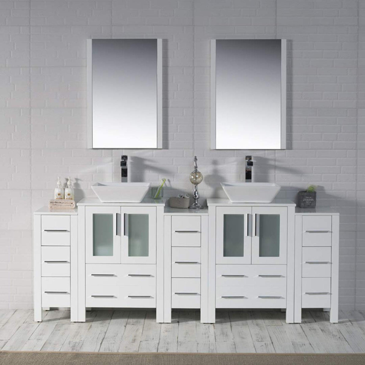 Blossom Sydney 84" White Freestanding Vanity With Ceramic Double Vessel Sinks and Three Side Cabinet