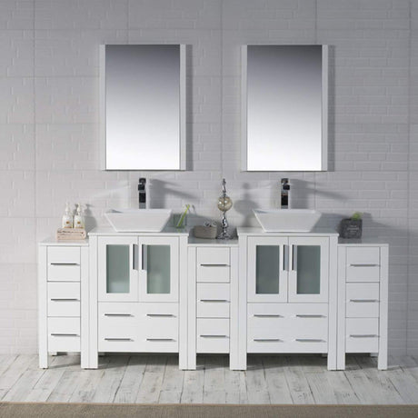 Blossom Sydney 84" White Freestanding Vanity With Ceramic Double Vessel Sinks and Three Side Cabinet