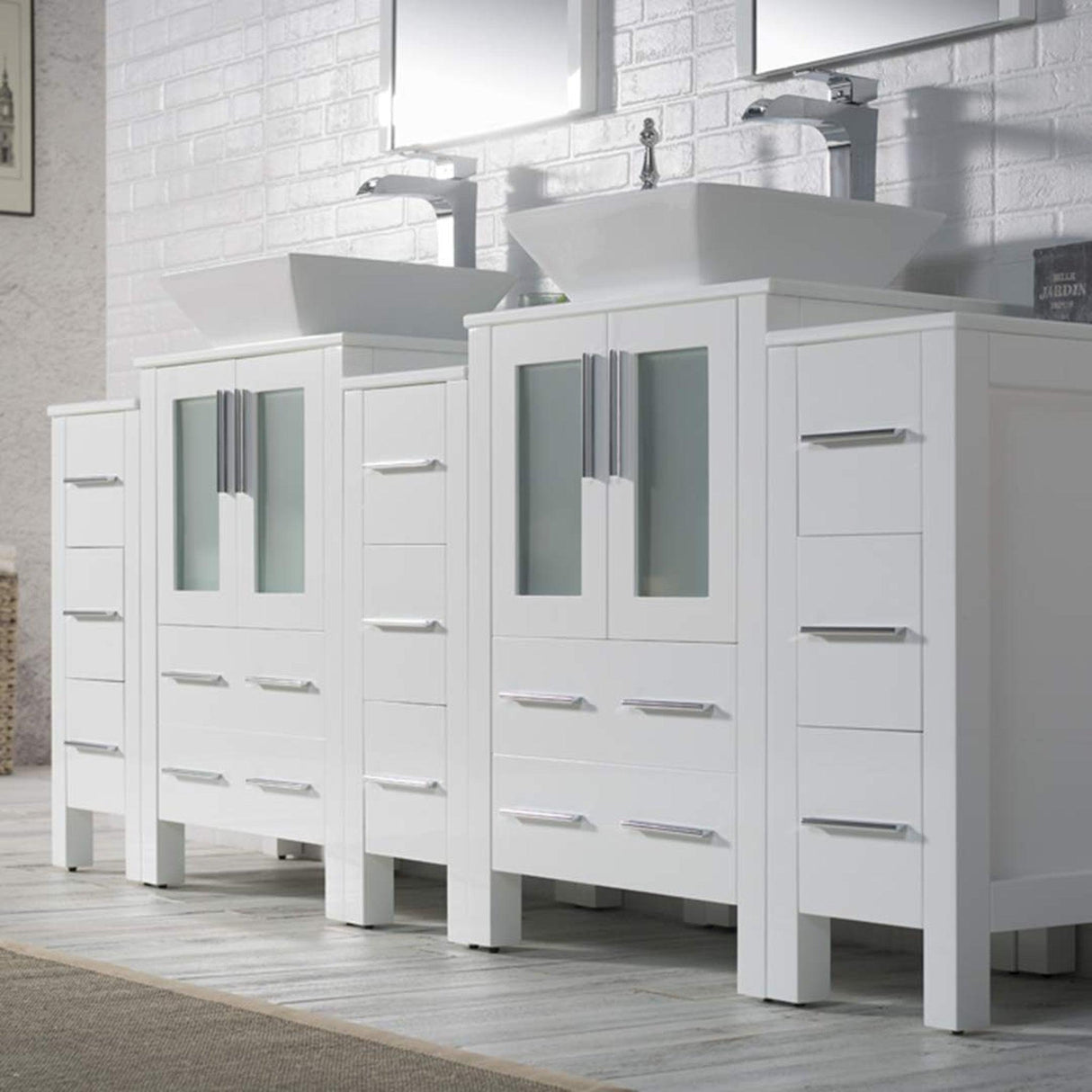 Blossom Sydney 84" White Freestanding Vanity With Ceramic Double Vessel Sinks and Three Side Cabinet