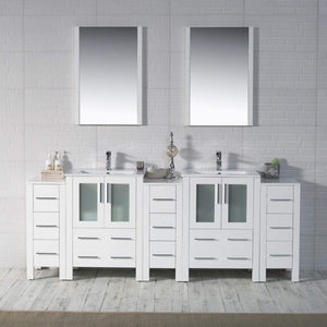 Blossom Sydney 84" White Freestanding Vanity With Integrated Double Sinks Ceramic Top and Three Side Cabinet