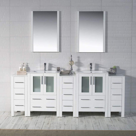 Blossom Sydney 84" White Freestanding Vanity With Integrated Double Sinks Ceramic Top and Three Side Cabinet