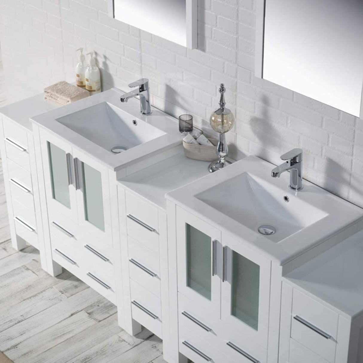 Blossom Sydney 84" White Freestanding Vanity With Integrated Double Sinks Ceramic Top and Three Side Cabinet