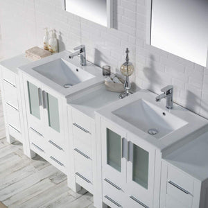 Blossom Sydney 84" White Freestanding Vanity With Integrated Double Sinks Ceramic Top and Three Side Cabinet