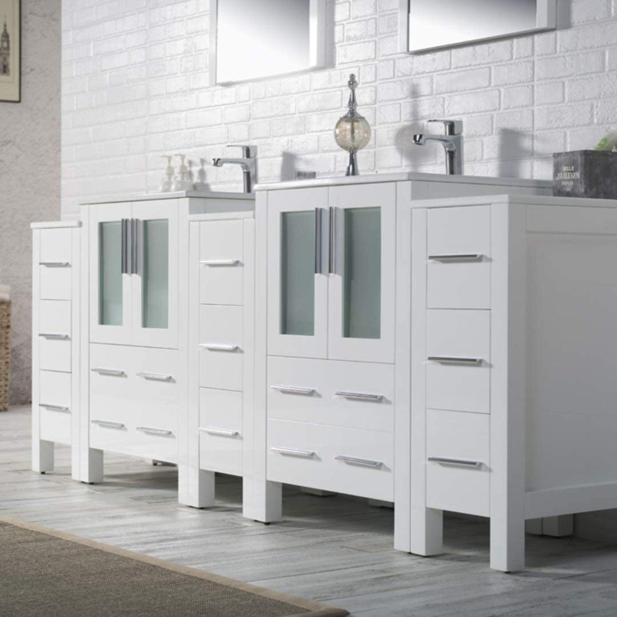 Blossom Sydney 84" White Freestanding Vanity With Integrated Double Sinks Ceramic Top and Three Side Cabinet