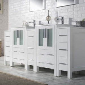 Blossom Sydney 84" White Freestanding Vanity With Integrated Double Sinks Ceramic Top and Three Side Cabinet