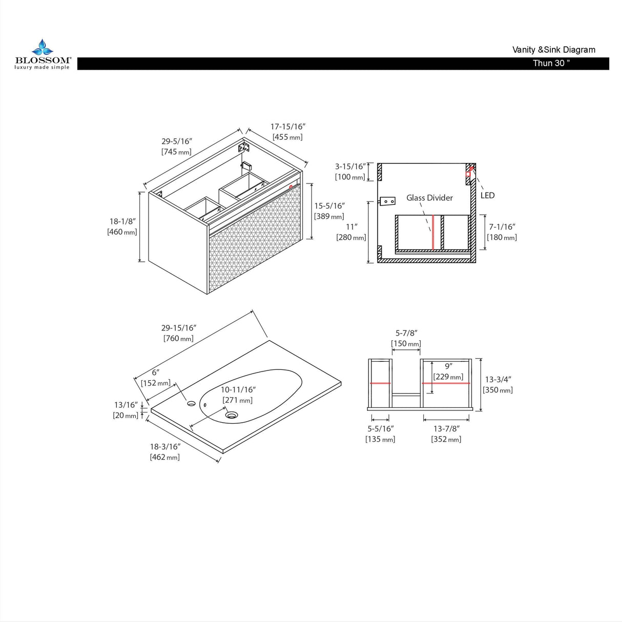 Blossom Thun 30" Khaki Vanity With Droplet-Shaped Basin and LED Light