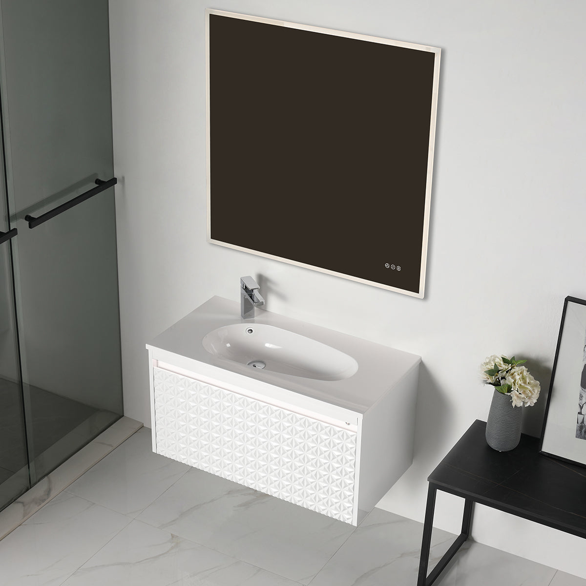 Blossom Thun 36" Glossy White Vanity With Droplet-Shaped Basin and LED Light
